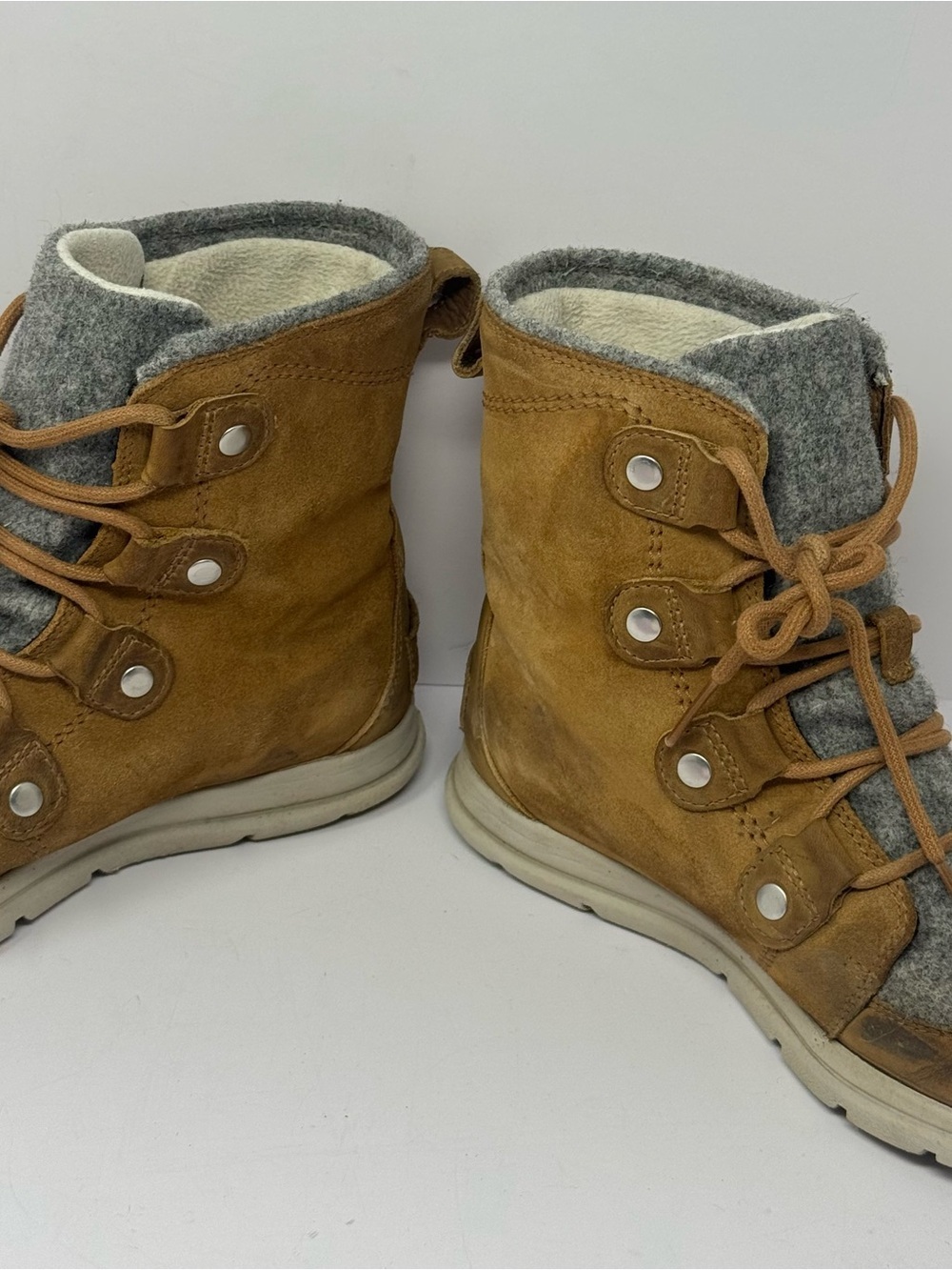 Sorel Explorer II Joan Waterproof Boots Sz 8 Brown Suede Gray Wool Lace Up - Picture 3 of 6